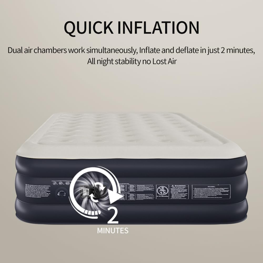 Air Mattress Queen with Built in Pump - 2 Mins Quick Self Inflatable,16"/650lbs Max Blow Up Bed, All Night Stability No Lost Air，No Peculiar Smell for Camping,Home,Guests & Portable Travel