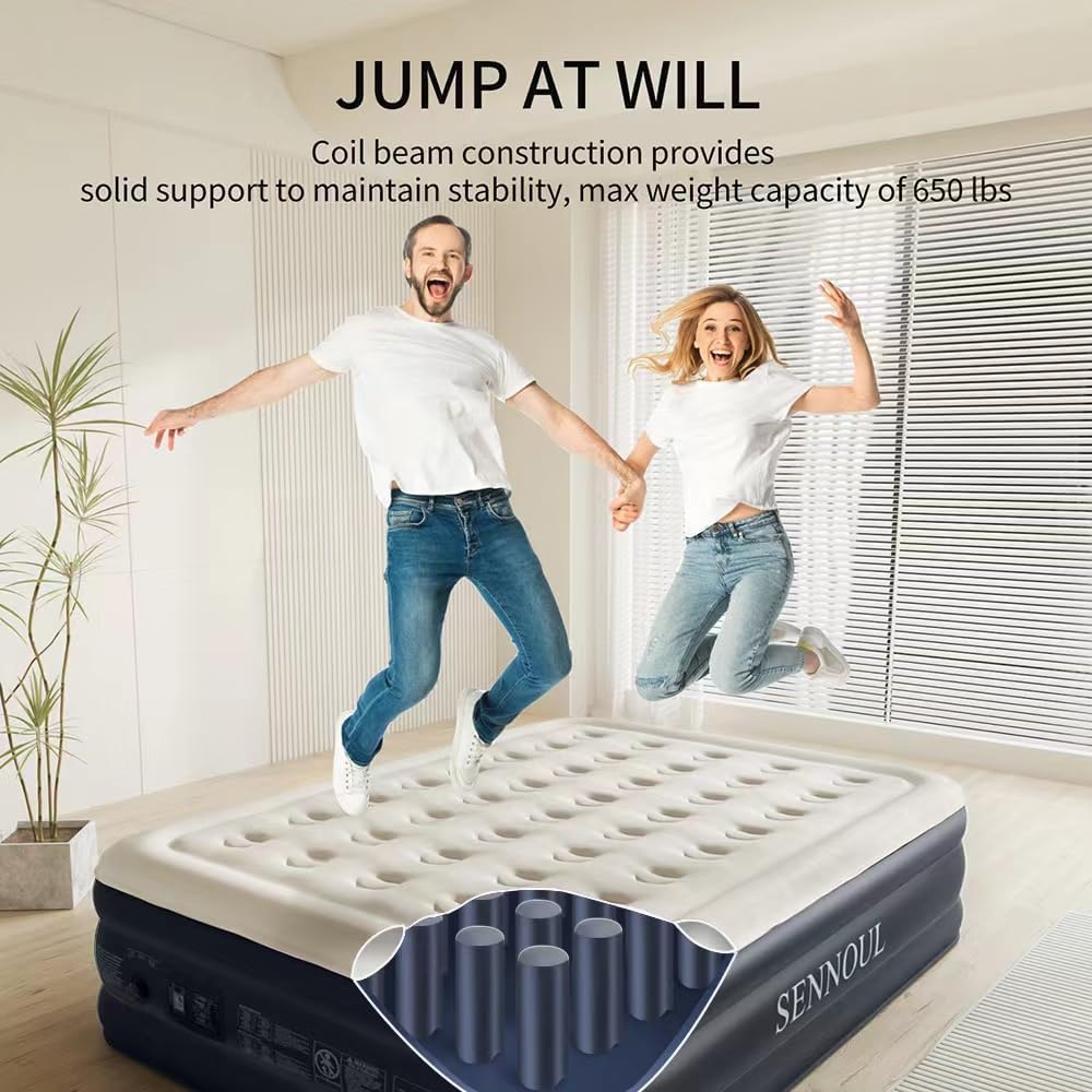 Air Mattress Queen with Built in Pump - 2 Mins Quick Self Inflatable,16"/650lbs Max Blow Up Bed, All Night Stability No Lost Air，No Peculiar Smell for Camping,Home,Guests & Portable Travel