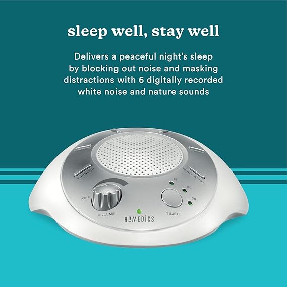 The SoundSleep White Noise Machine in silver is a compact, portable sound therapy device perfect for creating a relaxing environment at home, in the office, or in a nursery. It features six nature sounds and an auto-off timer