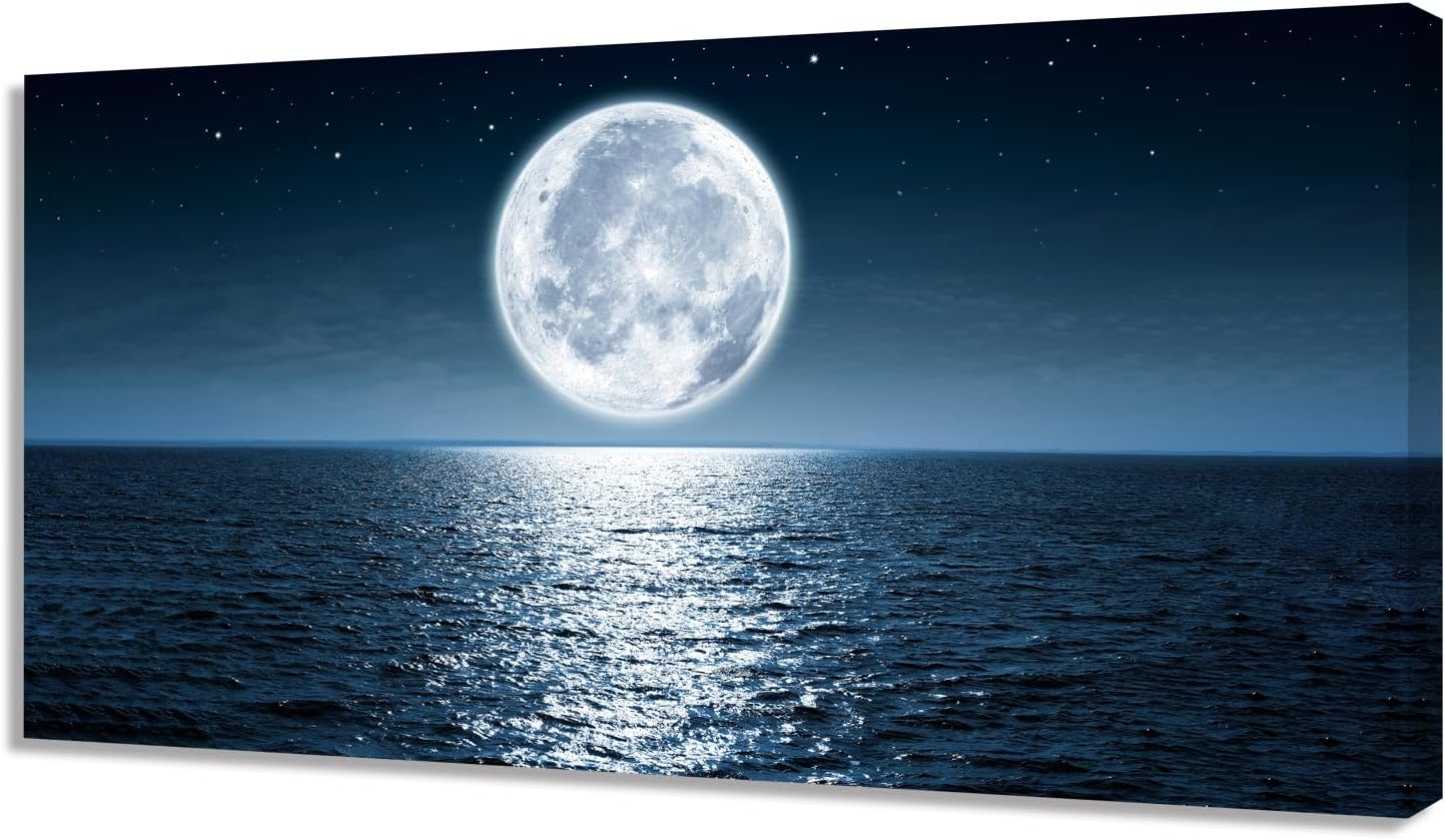 Wall Art Canvas Print Moon Sea Ocean Landscape 1 Panels Full moon Picture Painting Framed and Stretched Ready to Hang for Living Room Bedroom Office Home Decor Artwork 24x48inch