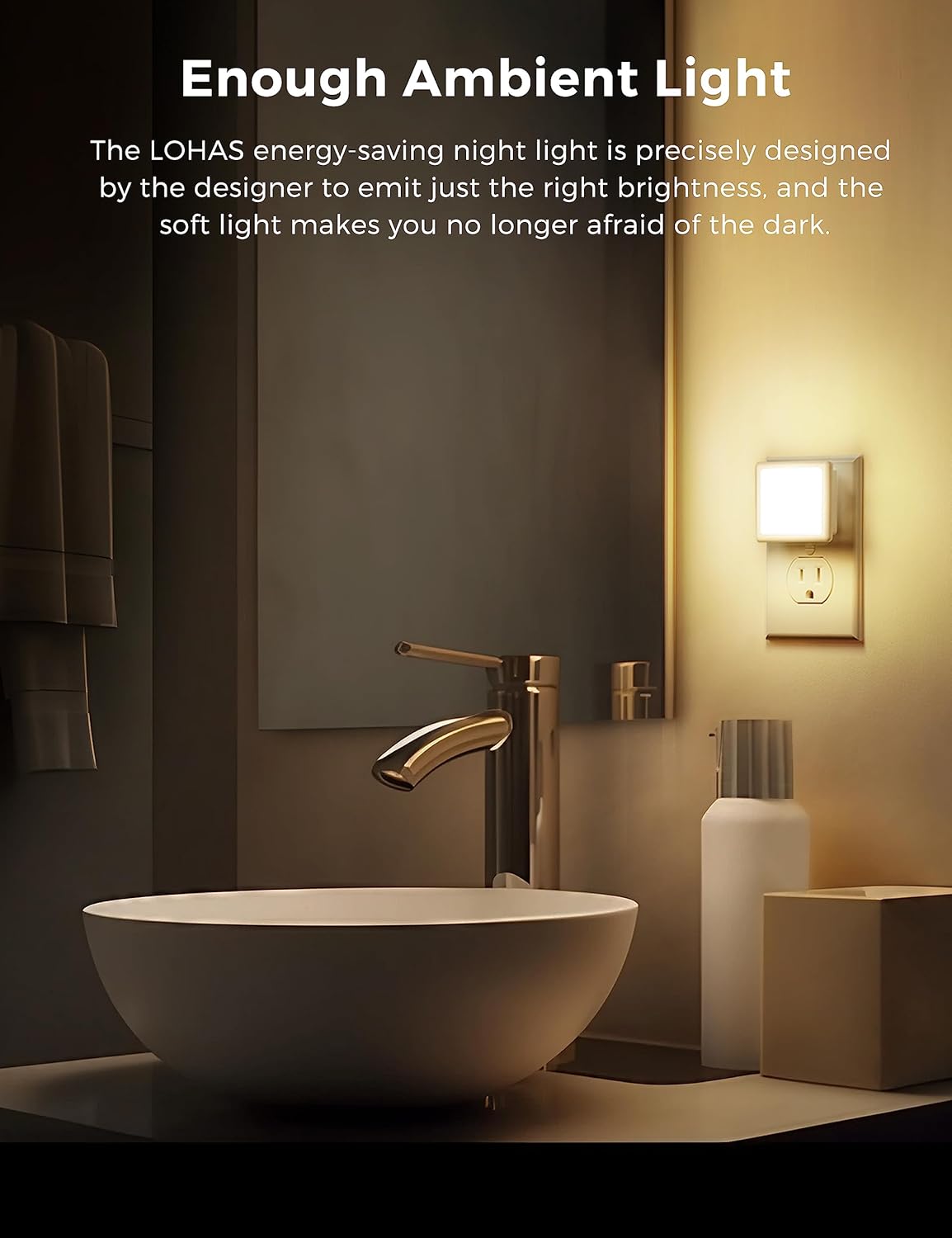 2-Pack LED night lights. Plugs into wall, dusk-to-dawn sensor, soft white (3000K), auto on/off. Ideal for bedrooms, bathrooms, hallways, kitchens.