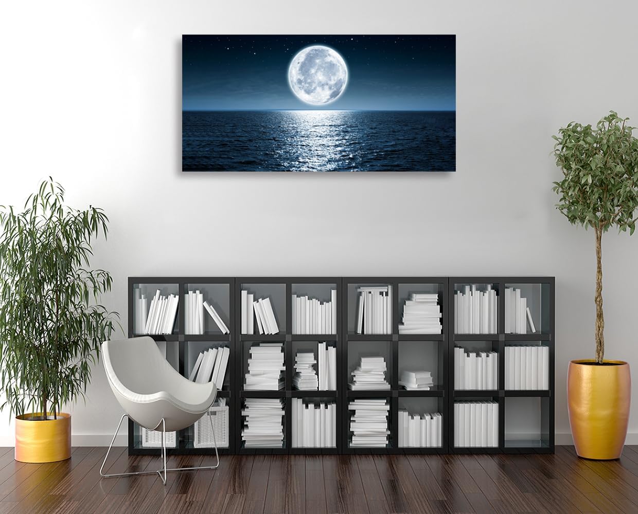 Wall Art Canvas Print Moon Sea Ocean Landscape 1 Panels Full moon Picture Painting Framed and Stretched Ready to Hang for Living Room Bedroom Office Home Decor Artwork 24x48inch