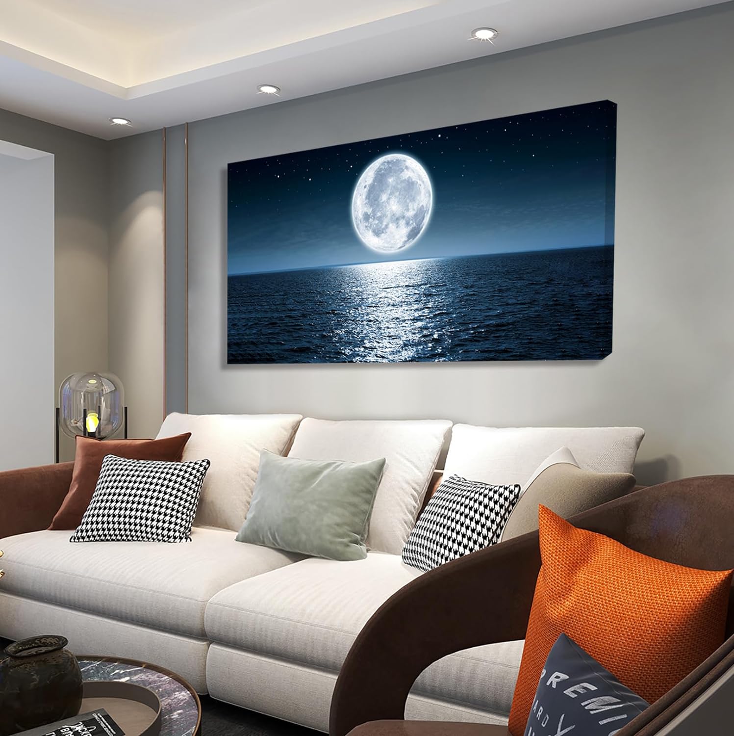 Wall Art Canvas Print Moon Sea Ocean Landscape 1 Panels Full moon Picture Painting Framed and Stretched Ready to Hang for Living Room Bedroom Office Home Decor Artwork 24x48inch