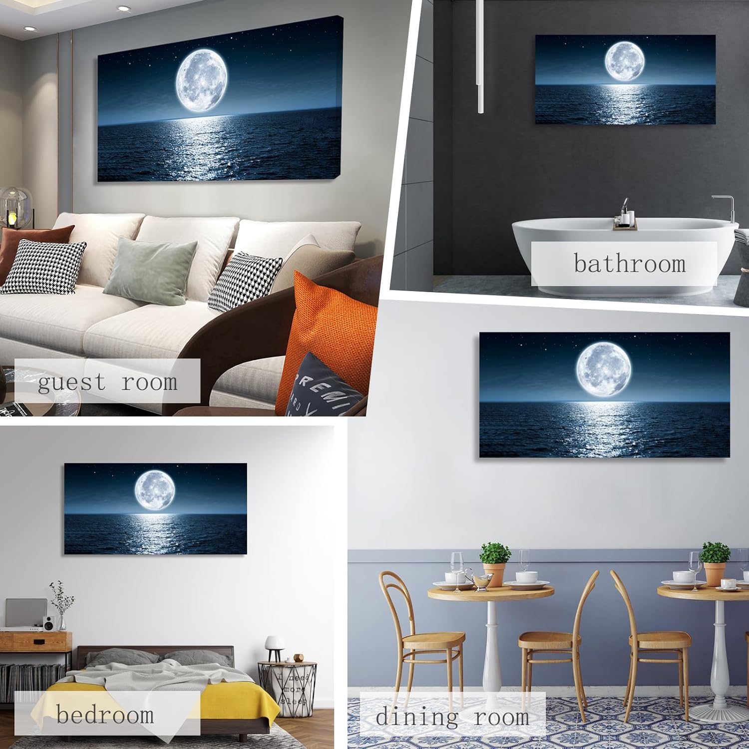 Wall Art Canvas Print Moon Sea Ocean Landscape 1 Panels Full moon Picture Painting Framed and Stretched Ready to Hang for Living Room Bedroom Office Home Decor Artwork 24x48inch