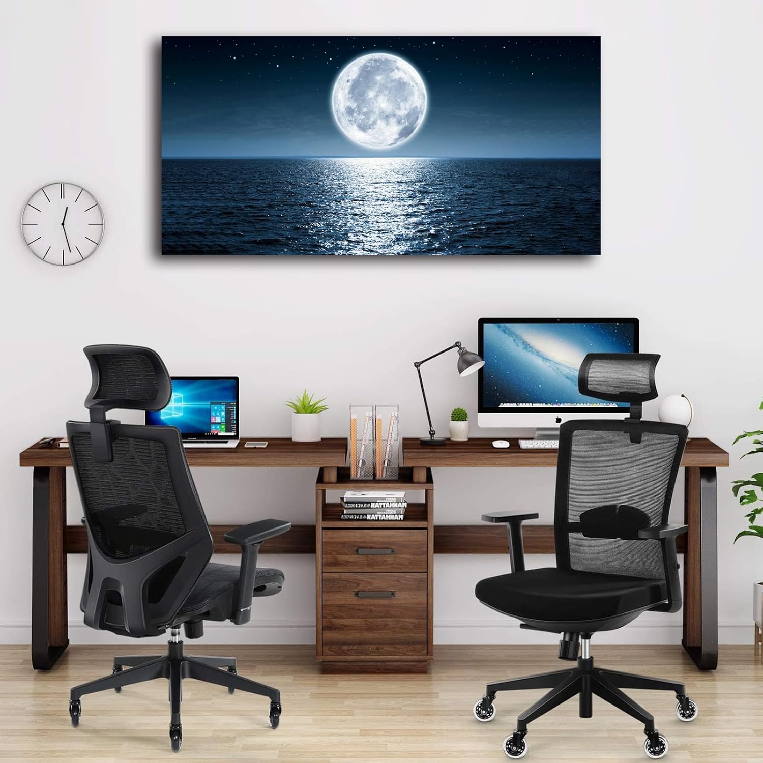 Wall Art Canvas Print Moon Sea Ocean Landscape 1 Panels Full moon Picture Painting Framed and Stretched Ready to Hang for Living Room Bedroom Office Home Decor Artwork 24x48inch