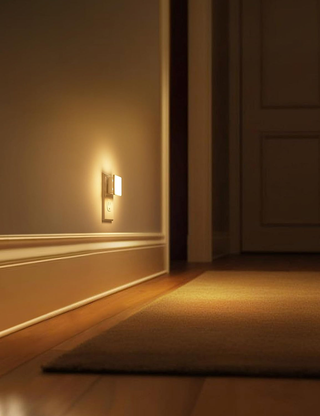 2-Pack LED night lights. Plugs into wall, dusk-to-dawn sensor, soft white (3000K), auto on/off. Ideal for bedrooms, bathrooms, hallways, kitchens.