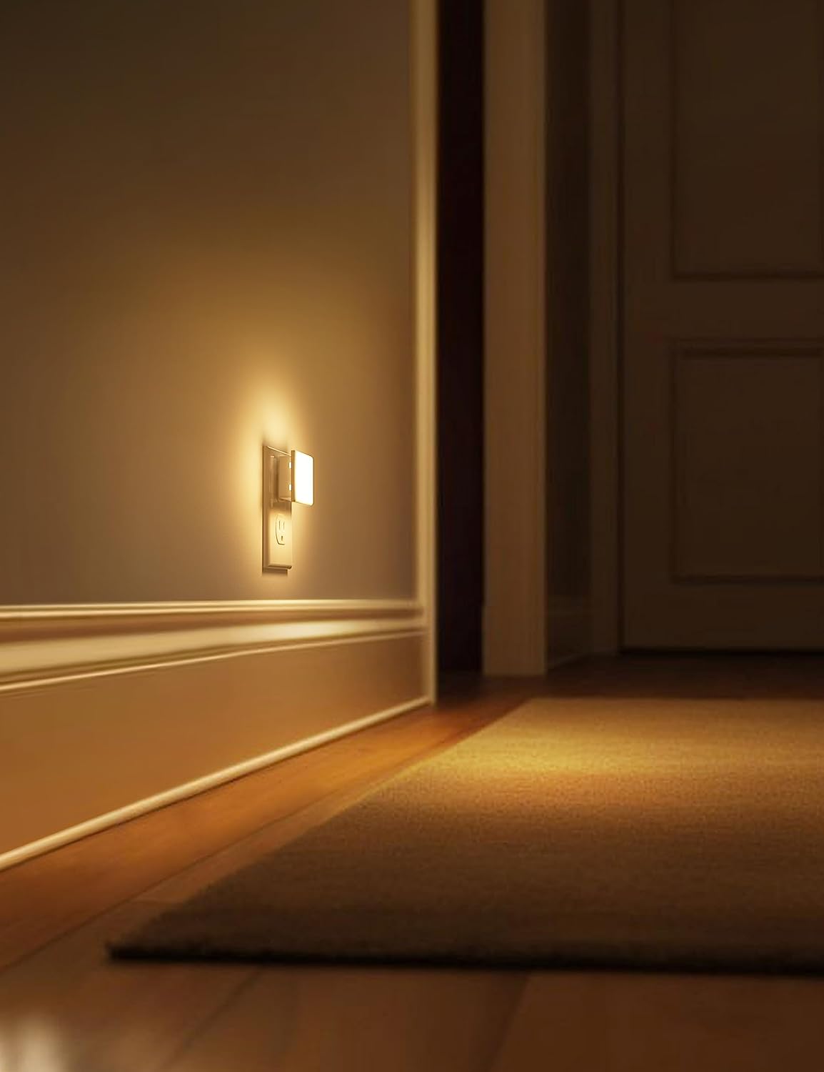 2-Pack LED night lights. Plugs into wall, dusk-to-dawn sensor, soft white (3000K), auto on/off. Ideal for bedrooms, bathrooms, hallways, kitchens.