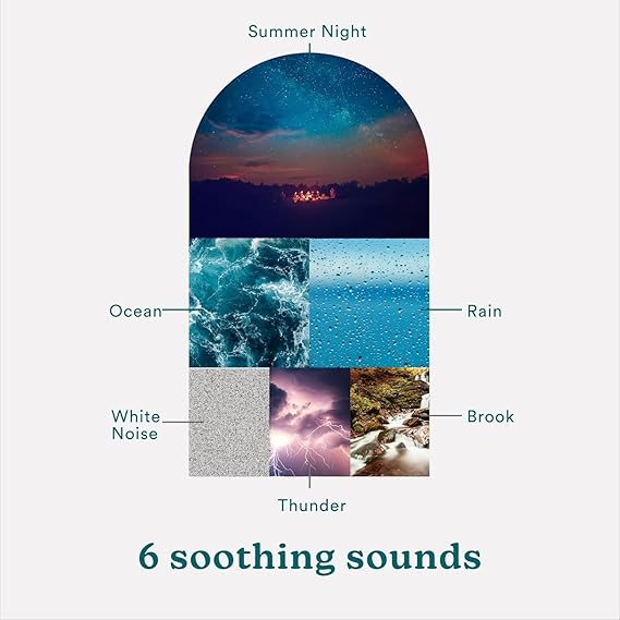 The SoundSleep White Noise Machine in silver is a compact, portable sound therapy device perfect for creating a relaxing environment at home, in the office, or in a nursery. It features six nature sounds and an auto-off timer