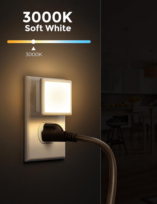 2-Pack LED night lights. Plugs into wall, dusk-to-dawn sensor, soft white (3000K), auto on/off. Ideal for bedrooms, bathrooms, hallways, kitchens.