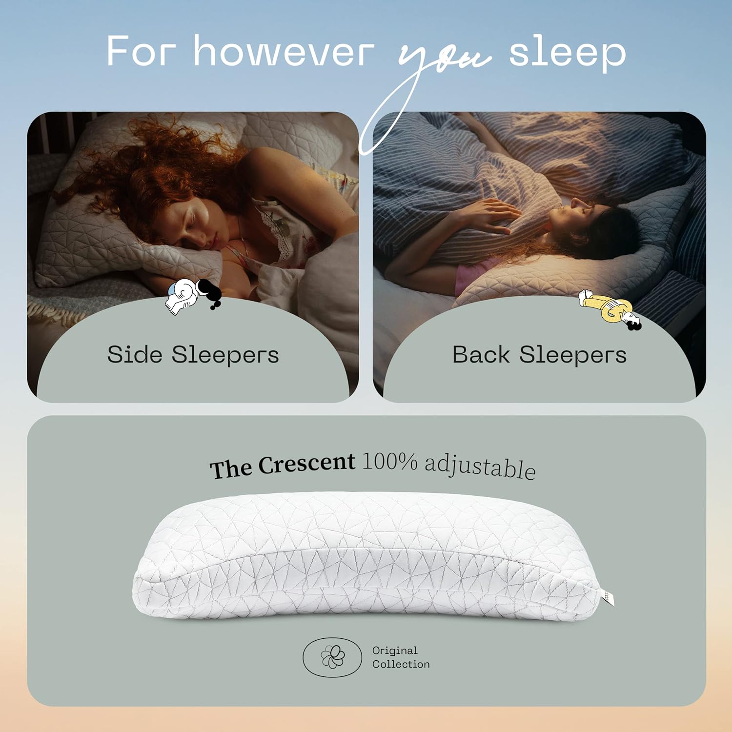 Original Crescent Pillow: Provides shoulder, neck, and head support.