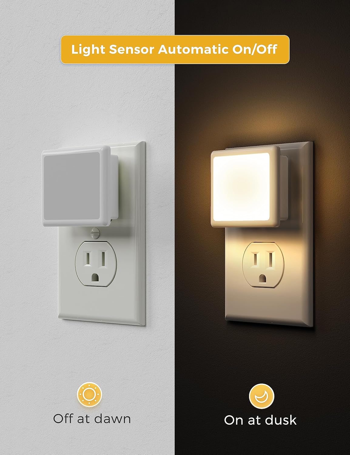 2-Pack LED night lights. Plugs into wall, dusk-to-dawn sensor, soft white (3000K), auto on/off. Ideal for bedrooms, bathrooms, hallways, kitchens.